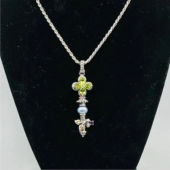 BARBARA BIXBY Sterling Silver with 18k Gold Leaves and Multi-stone Key Pendant - Picture 14 of 14
